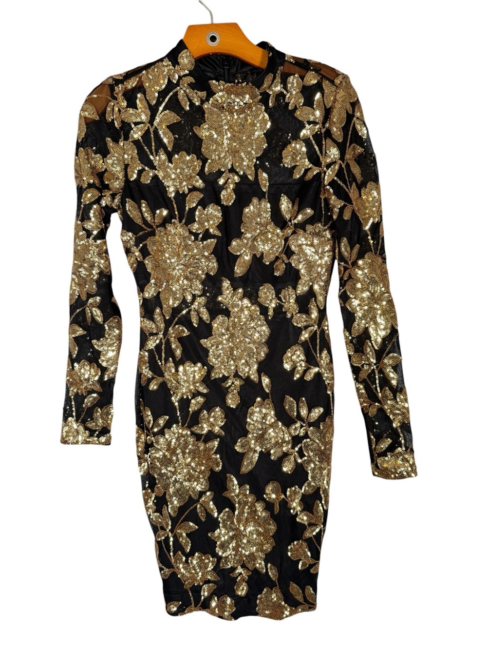 Le Chateau Gold Black Floral Sequin Bodycon Dress Long Sleeve NYE Party Glam S